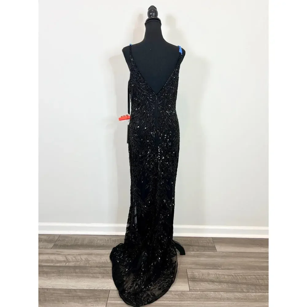 Mac Duggal Embellished Leaf Beaded Gown Black Size 6 - Picture 5 of 10
